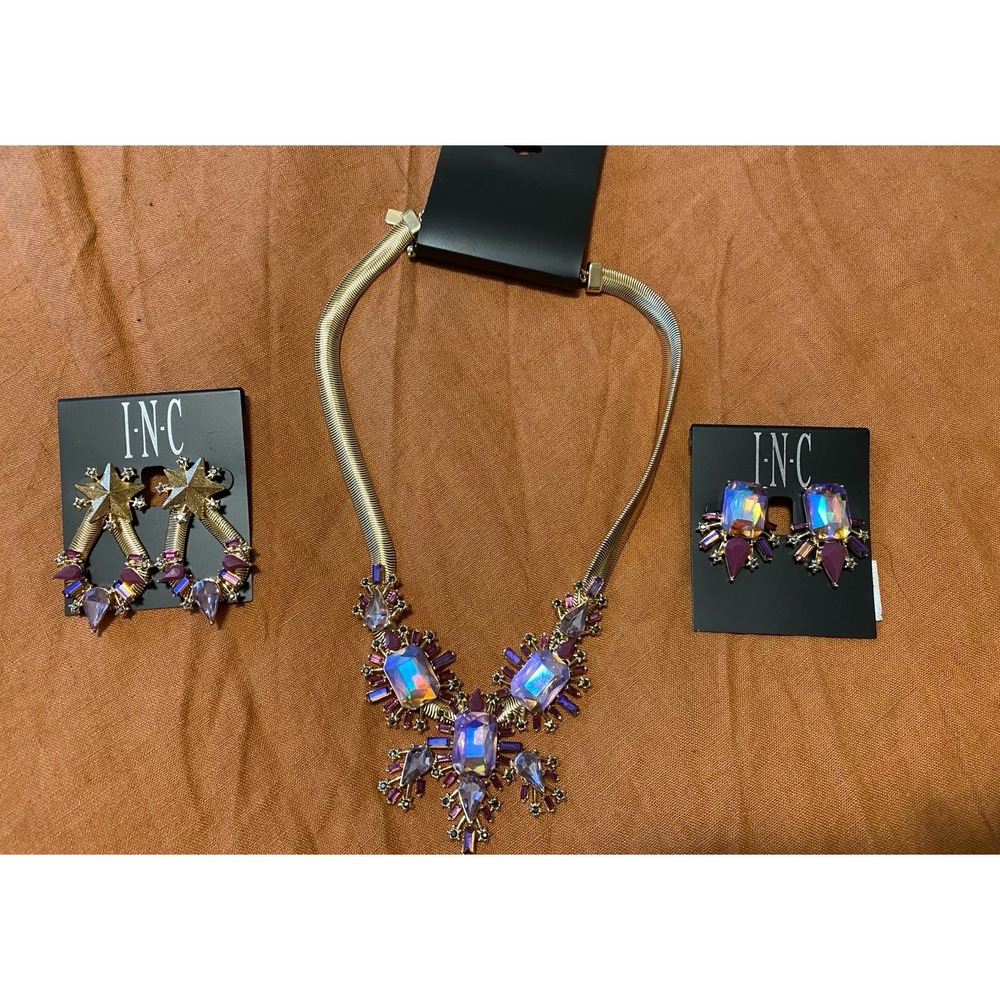 Macy's INC Necklace 2 Earrings Lot New Gold Tone Purple Bling Party